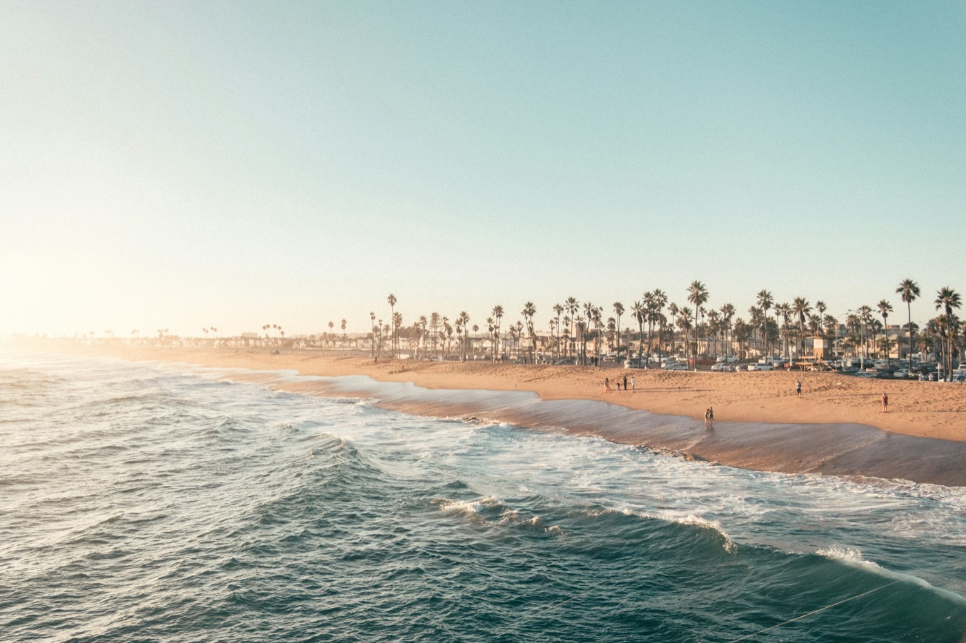 Waves rolling onto the sand at Balboa Beach lined with palm trees in the late sun
