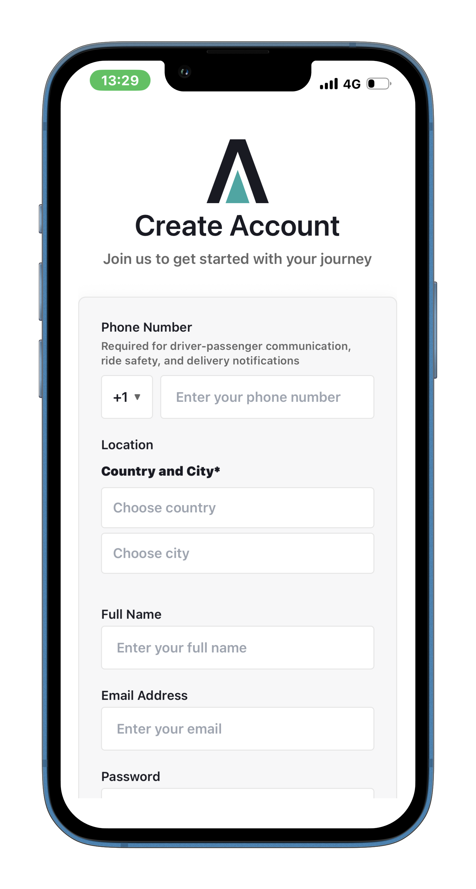 Uways Create Account screen phone number field