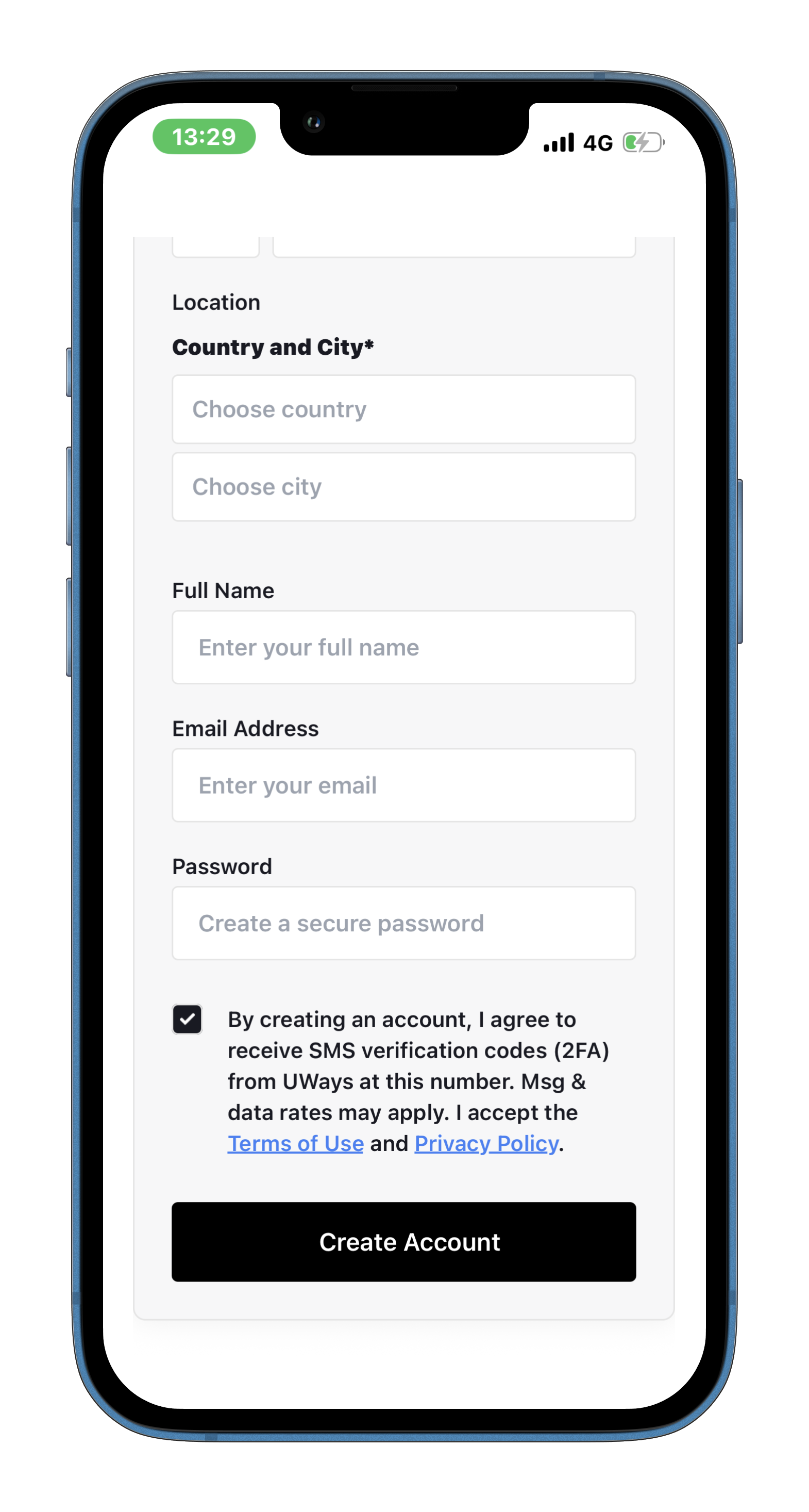 Uways Create Account screen consent checkbox and submit